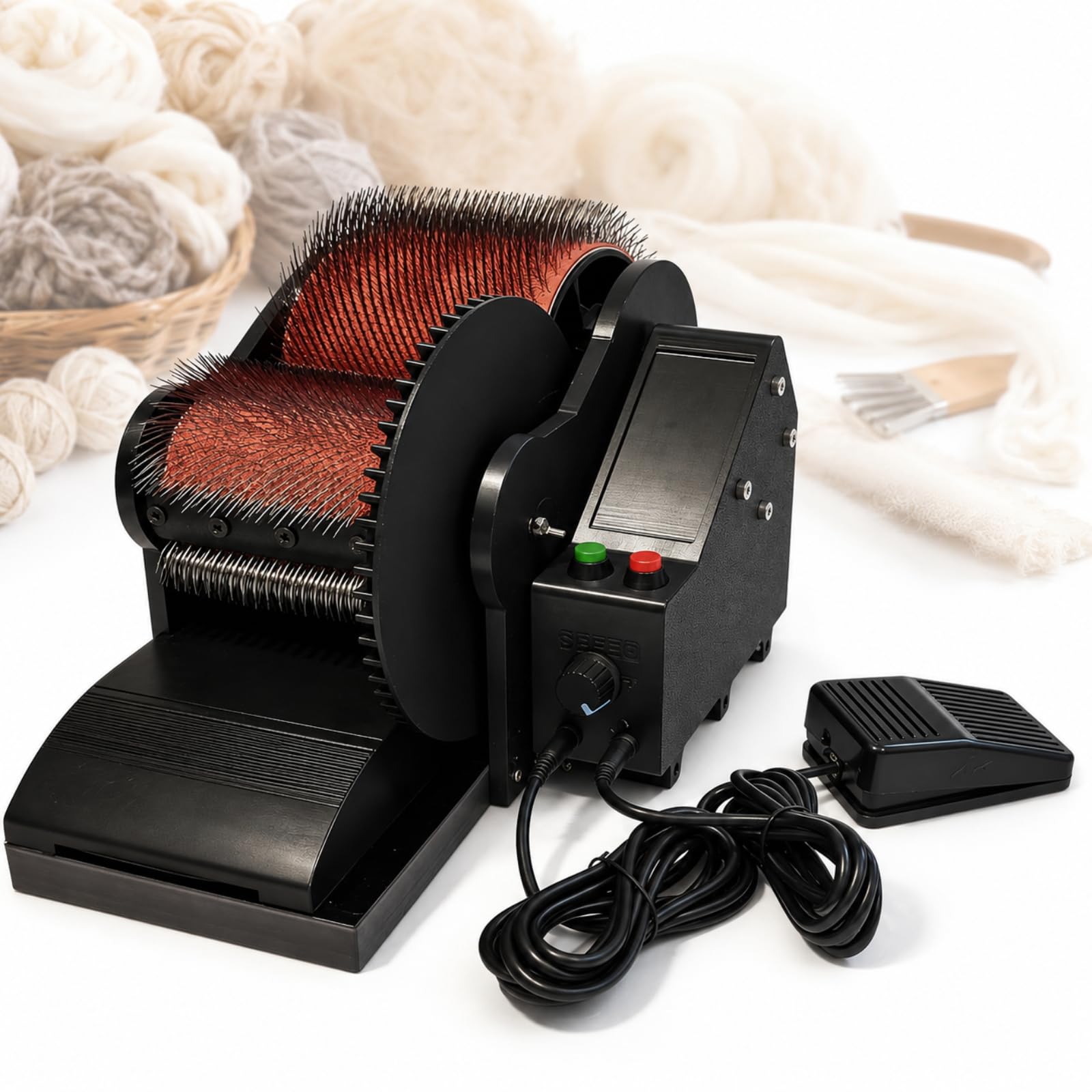 Amqydt Electric Wool Carding Machine, Wool Drum Carder Fiber Carding Machine With Forward Reverse Speed Control, Foot Pedal And Brush Awl For Wool Cotton Silk Blending, Spinning And Felting