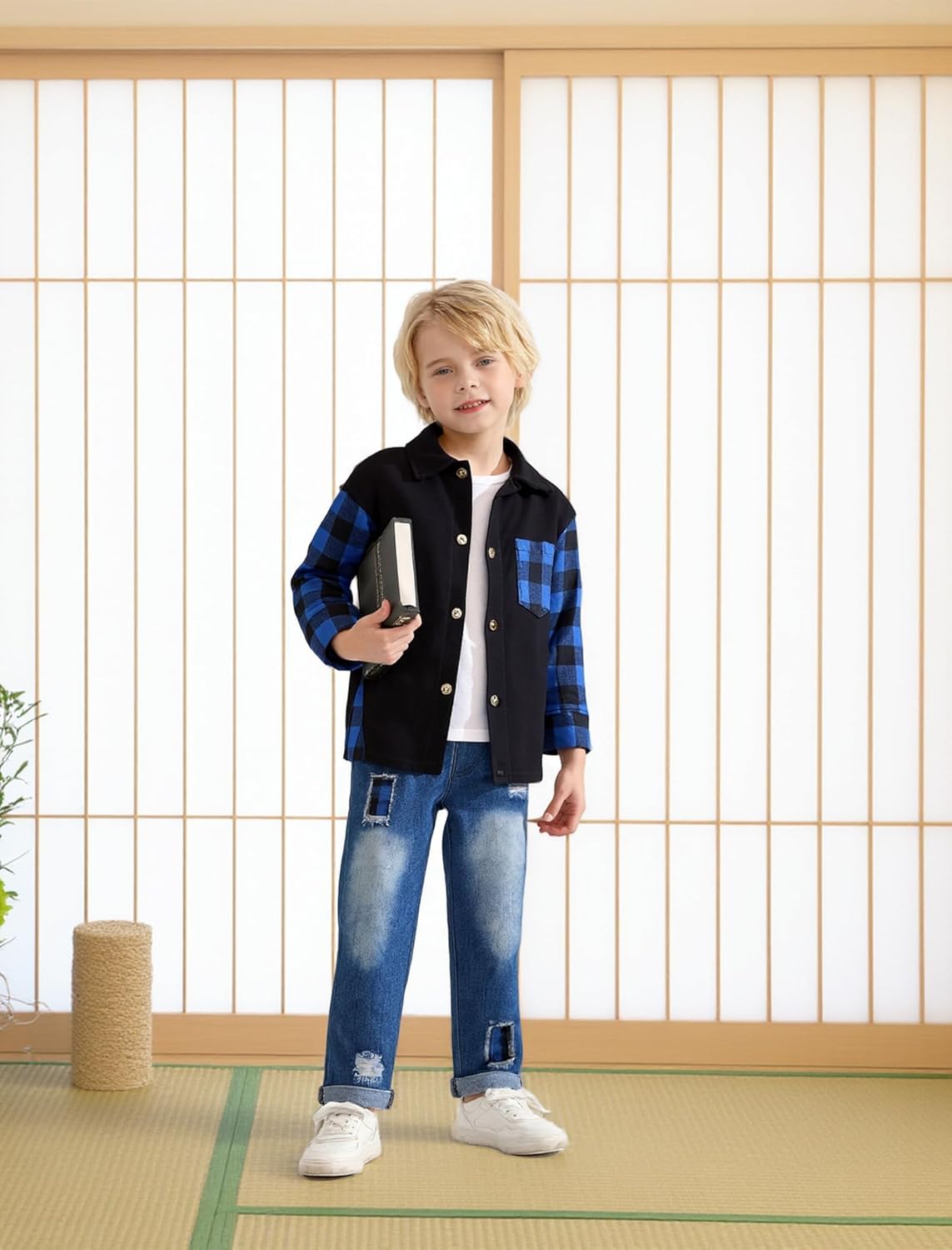 Toddler Baby Boy Clothes Flannel Long Sleeve Plaid Shirt Ripped Denim Jeans Outfit Set Boys Fall Outfits 2-6 Years - Image 4