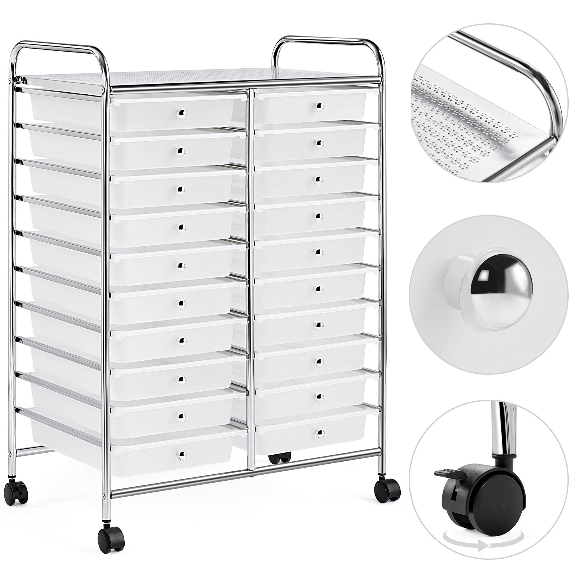 Yaheetech Chariot de rangement avec 20 Tiroirs Blanc Tour/Meuble de Rangement à roulettes Pour Salle de Bain Bureau Cuisine Salon de Beauté 62,5 x 36 x 91 cm