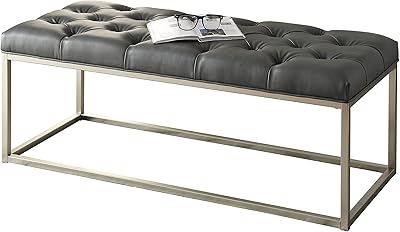 Hi-Line Gift 96142-GY Grey and Silver Button-Tufted Bonded-Leather Bench
