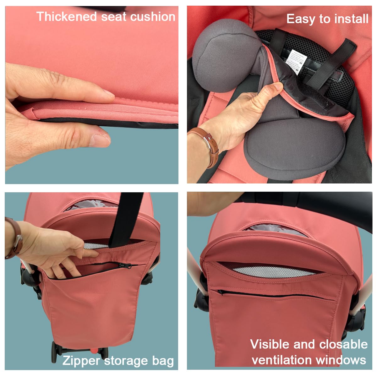 Ensemble de remplacement pour poussette compatible avec Babyzen YOYO/YOYO+/YOYO2/Stokke YOYO3,pack de 6 couleurs,coussin de siège épaissi et canopy extensible,tissu déperlant (Ginger Pink)