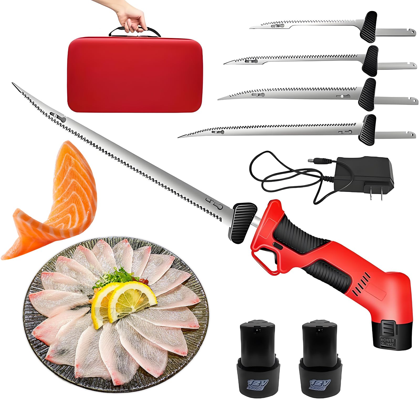 Cuchillo De Fileteado De Pescado, Cuchillo De Filete Eléctrico Inalámbrico con 4 Cuchillas Recubiertas De Titanio, 2 Baterías De Iones De Litio, Mango Sin Deslizamiento Y Bloqueo De Seguridad