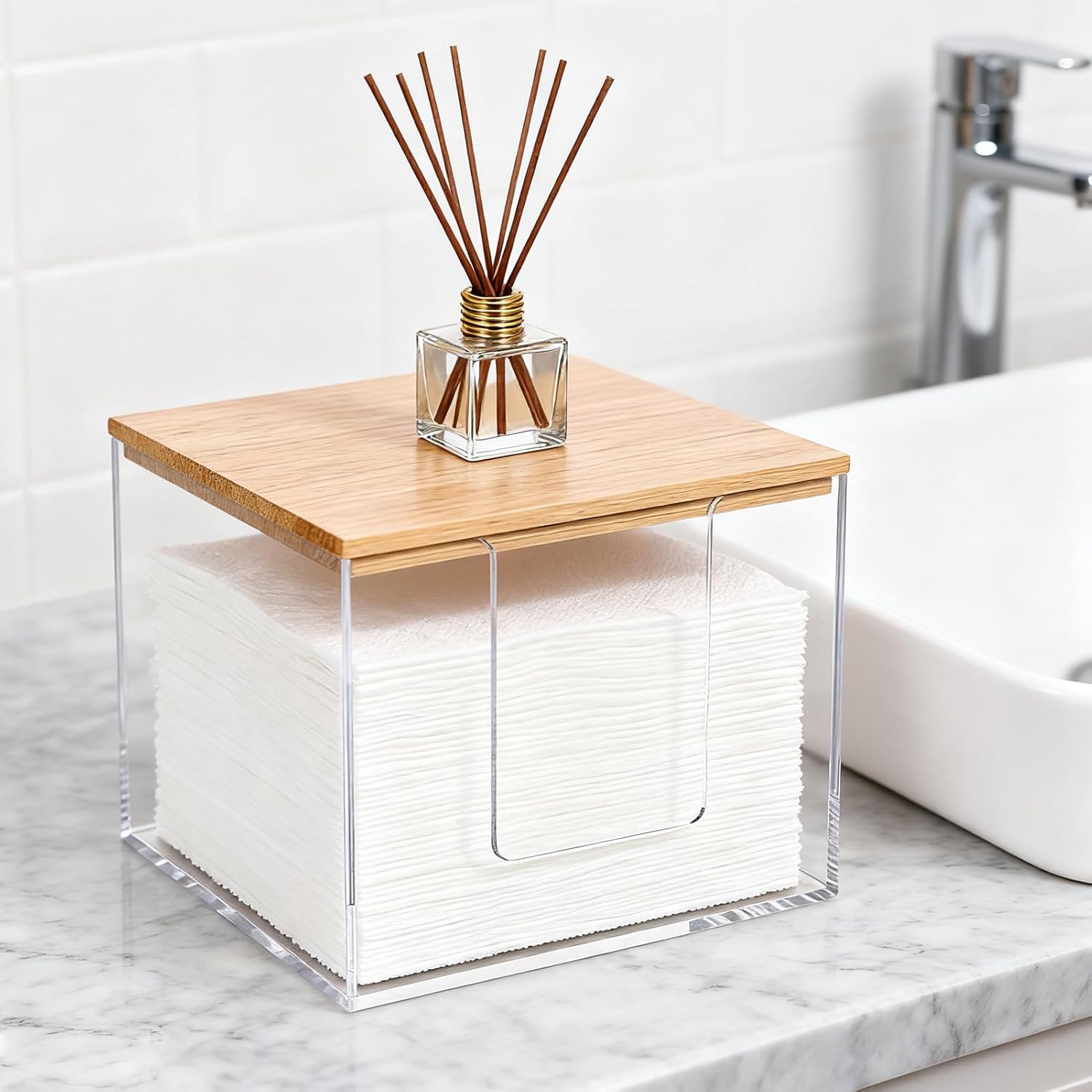 Rainmae Disposable Face Towel Holder, Acrylic Cosmetic Facial Towel Storage Box for XL Clean Skin Club, Upgrade Tissue Holder with Bamboo Lid Towel Organizer Container for Bathroom Vanity Countertop - Image 6