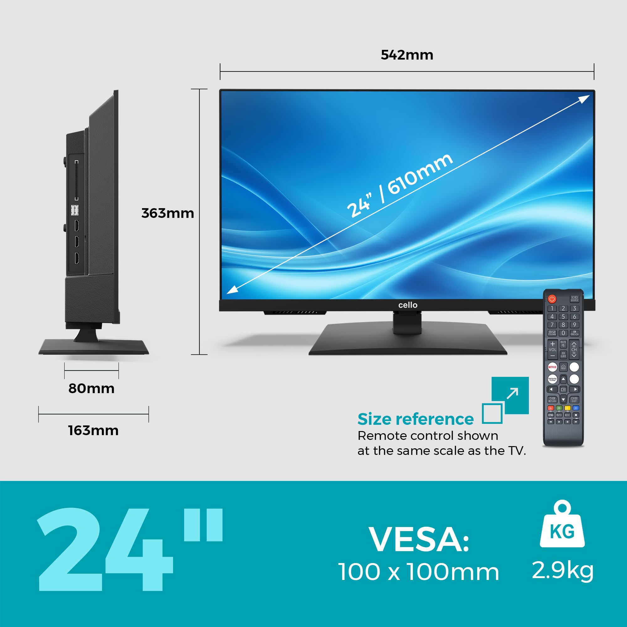 Cello C2426TZH TV LED Smart da 24" senza cornice con Tizen OS di Samsung, Bluetooth, Gaming Hub, altoparlanti Pitch Perfect, ideale per cucina, camera da letto e piccoli spazi, triplo sintonizzatore