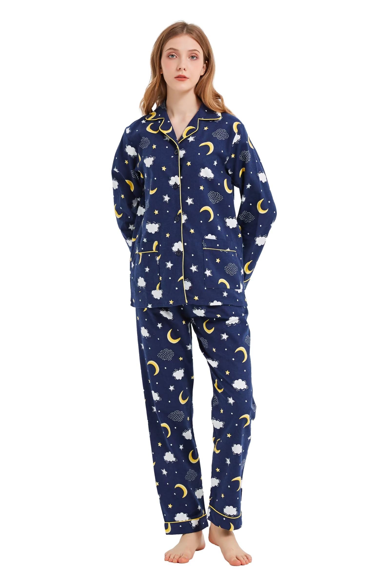 Pigiama da donna, 100% cotone, in flanella, comodo pigiama invernale con coulisse in vita
