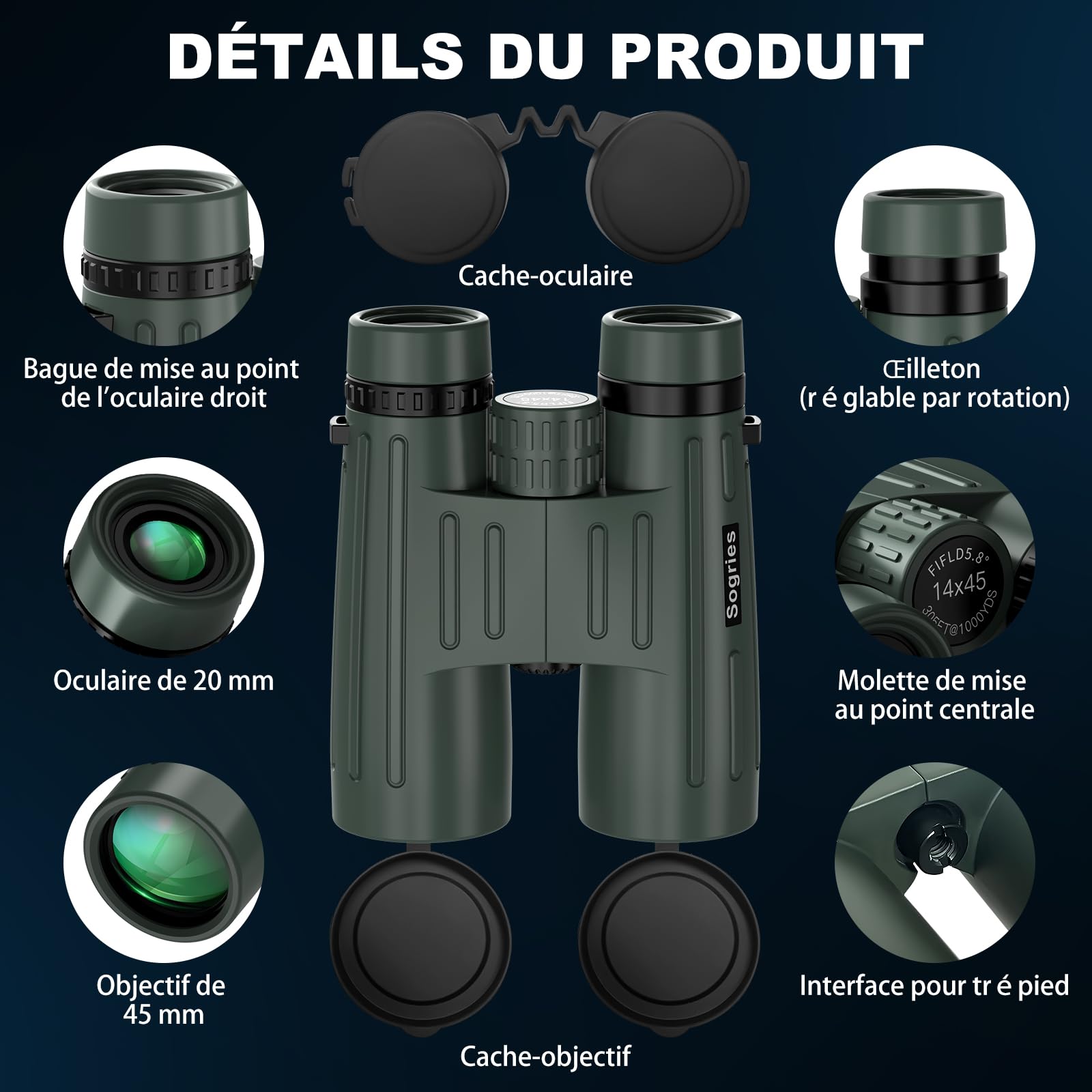 Jumelles 14x45 pour Adultes, puissantes, pour la Chasse, avec Une Vue dégagée et Large, étanches, avec Adaptateur de téléphone en métal et trépied pour l'observation des Oiseaux, la randonnée et