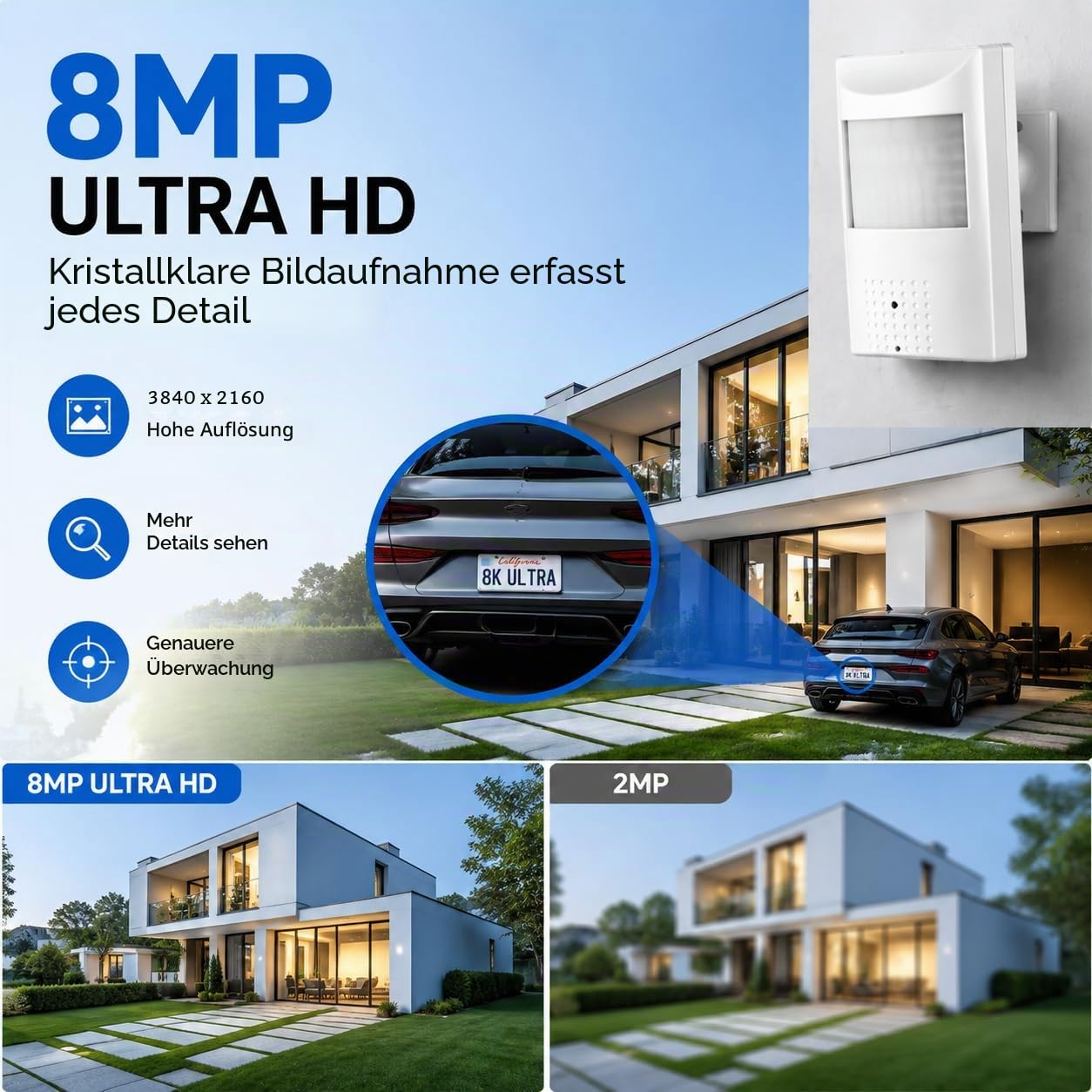 UltraHD 4K (8MP) POE IP Kamera Audio,PIR 940nm IR LED IR Nachtsicht CCTV Cam mit Mikrofon, 3.7mm Objektiv Indoor Sicherheitskamera P2P H.265 Bewegungserkennung (IPIR-P-A-HS82 Weiß)