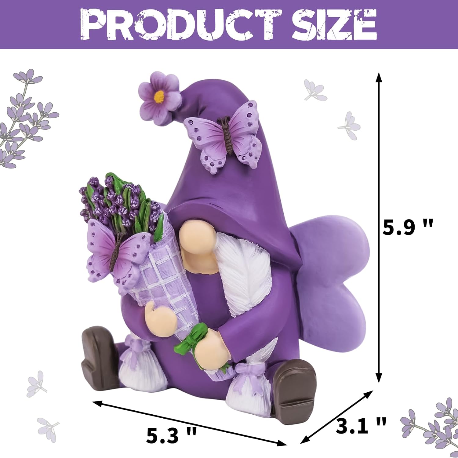 Lavender Gnome Spring Decor, Fairy Garden Gnome with Butterfly & Lavender Bouquet, Resin Gnome Figurine for Home Office Tabletop Tiered Tray Decor, Gnome Gifts for Women Retirement Birthday
