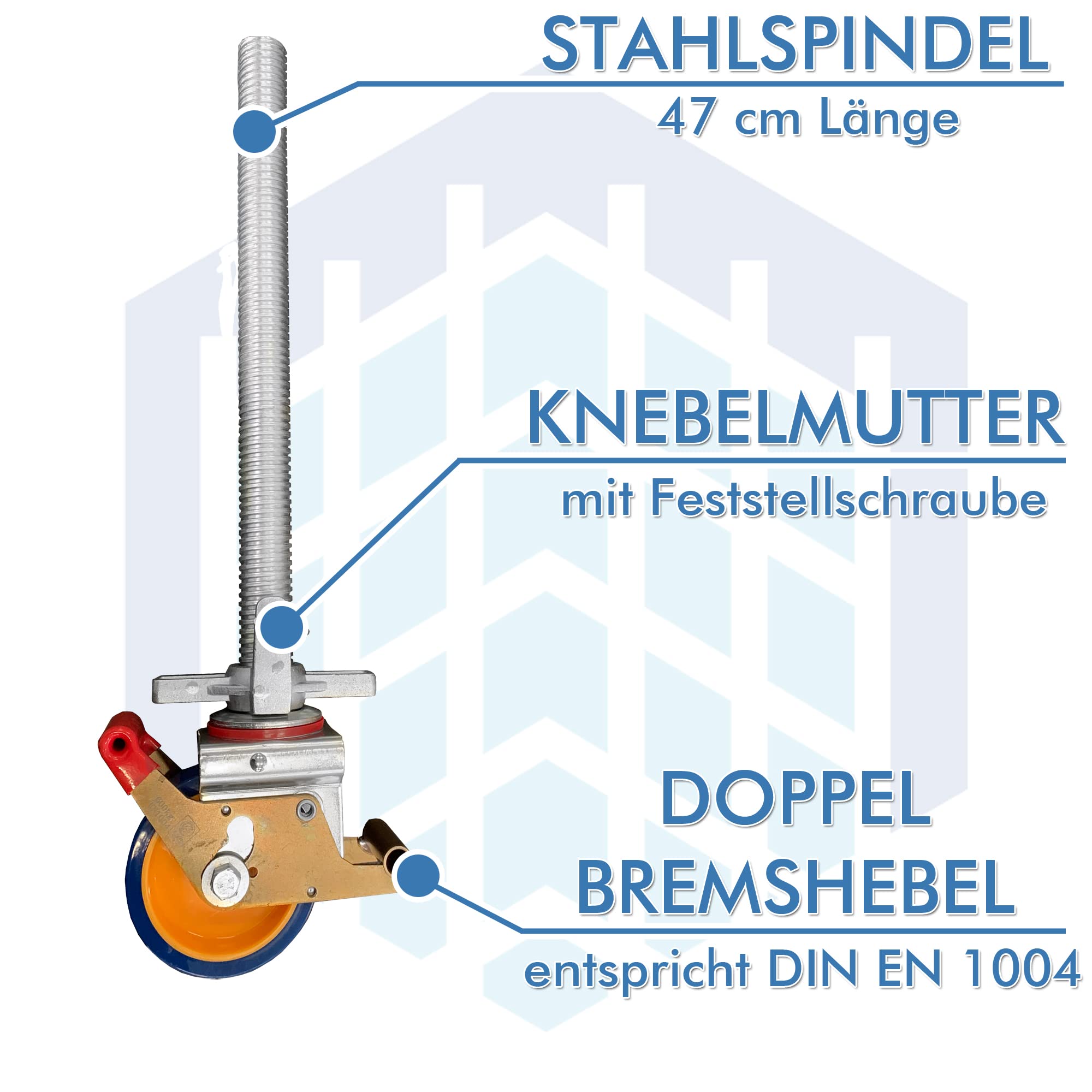 4 Stück Gerüstrollen 125 mm LAYHER*-kompatibel mit Stahlspindel, doppelt gebremst, lotrecht stehend, passend zu LAYHER*-Gerüsten und anderen Herstellern