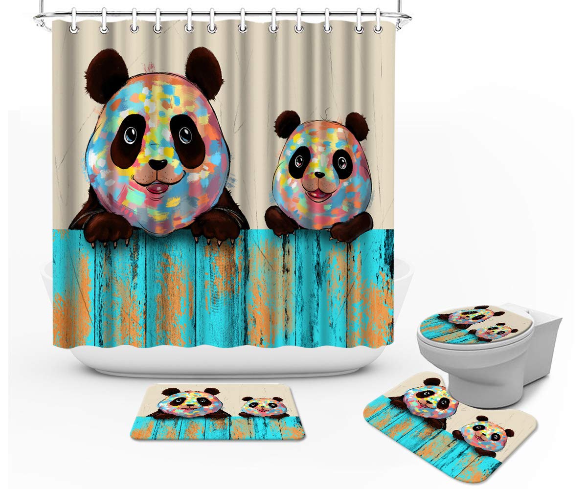 Welmeco Mum and Baby Panda Shower Curtain Set with Bath Mat,U-Shaped Contour Rug,Toilet Lid Cover for Bathroom Animal