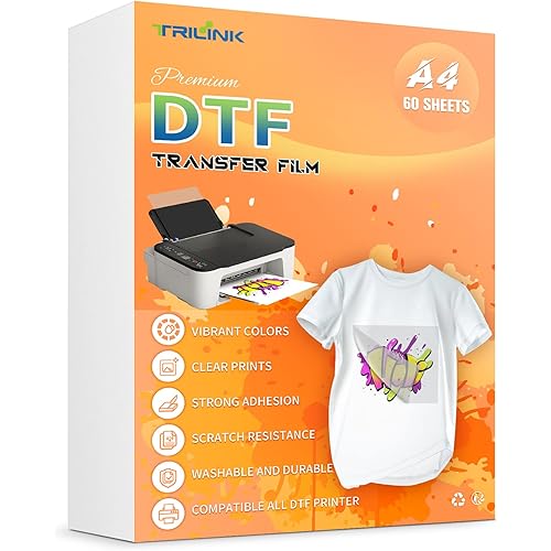 DTF Transfer Film Paper A4 (8.5" x 11") - 60 Sheets Premium PET Direct to Film Transfer Paper for Sublimation - Works on Cotton, Polyester, and More Fabrics - Ideal for T-Shirts Printing