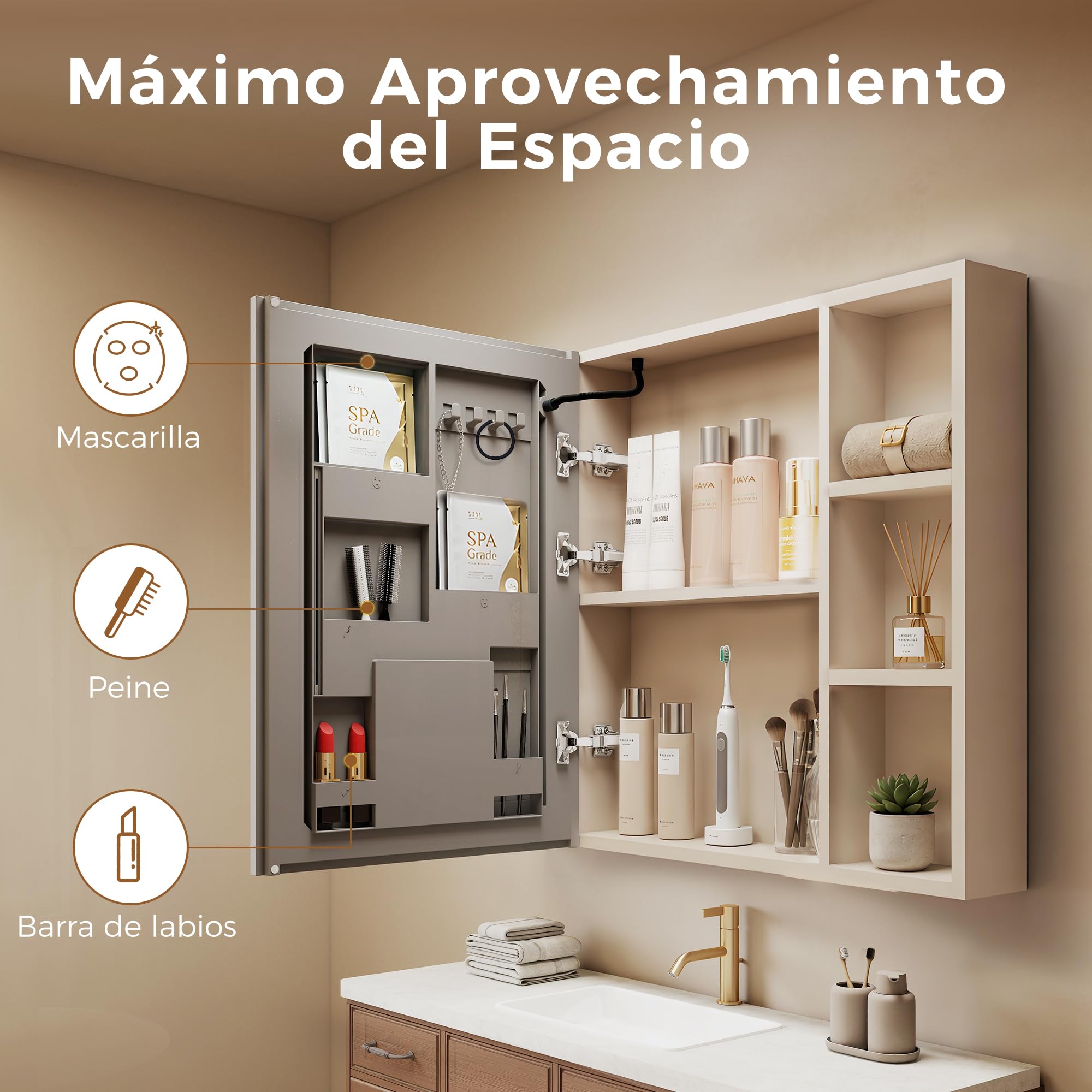 S'bagno Armario con espejo para baño con iluminación, 90 x 70 cm, armario con espejo para cuarto de baño, armario empotrado de aluminio, 3 colores, regulable, función de memoria, vidrio templado HD