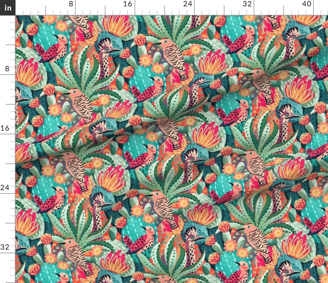Spoonflower Fabric - Maximalist Desert Boho Succulent Cactus Aqua Green Coral Woodpecker Printed on Petal Signature Cotton Fabric by The Yard - Sewing Quilting Apparel Crafts Decor