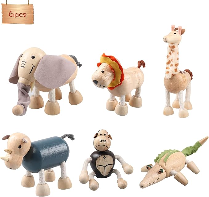 6PCS Bendable Wooden Animal Toys, Fun and Posable Animal