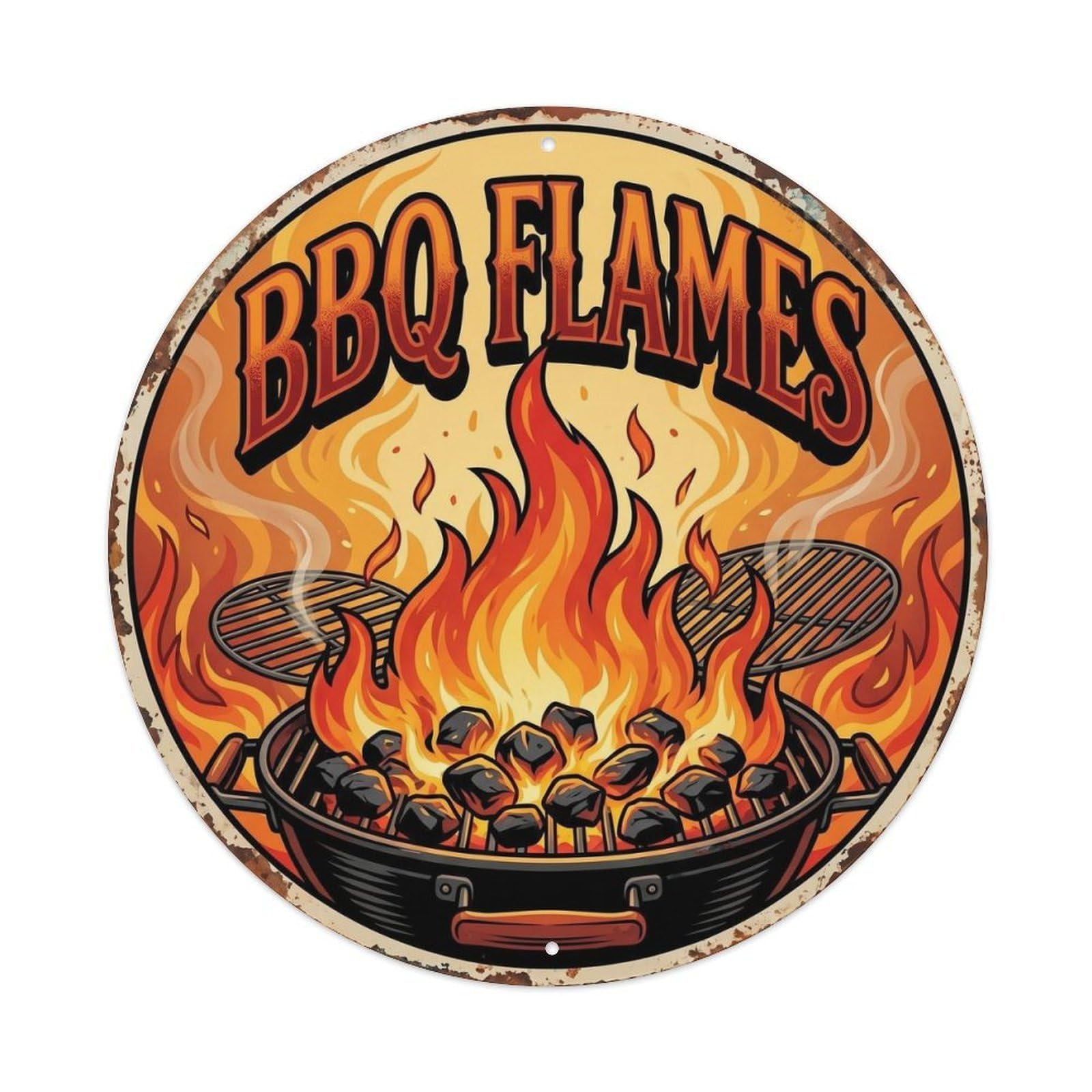 Yrnq Vintage Style-10 Vintage Bbq Barbecue Flames Artwork Metal Tin Sign Plaque Wall Decor For Cafe, Club, Garden Round Metal Poster 8X8inch