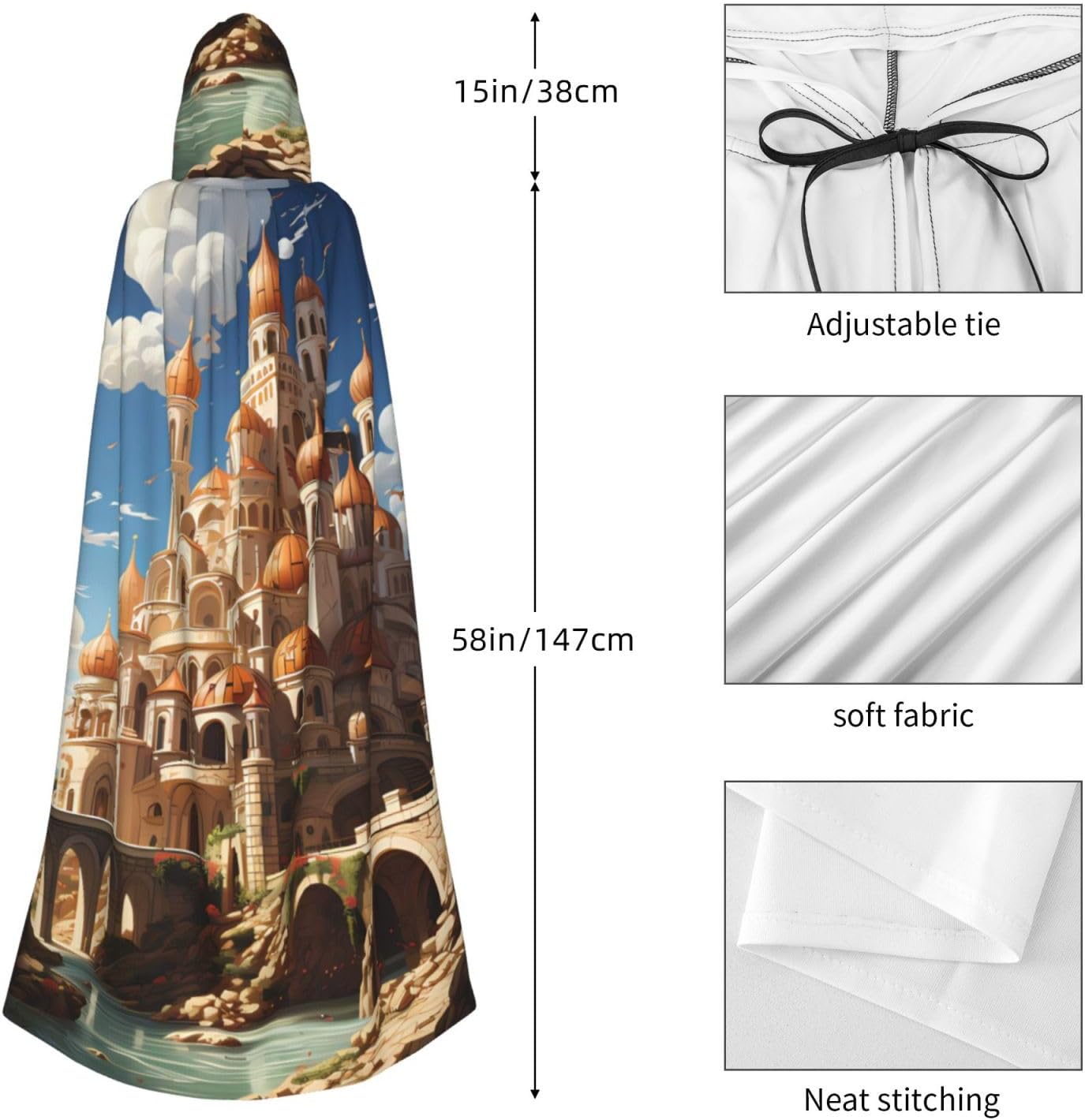 Unisex Full Length Hooded Halloween Christmas Party Robe Cloak Cape Cosplay Costume Men Women Anime Castle Sky Prints Black