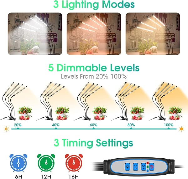 wolezek Wolezek Grow Lights for Indoor Plants, 80 LED 4 Heads Full Spectrum Grow Light with Clip, Plant Light with 5000K/3000K/660nm LED Chips, Auto Timer 6/12/16H, Grow Lamp for Seed Starting, Winter Growth Black in use