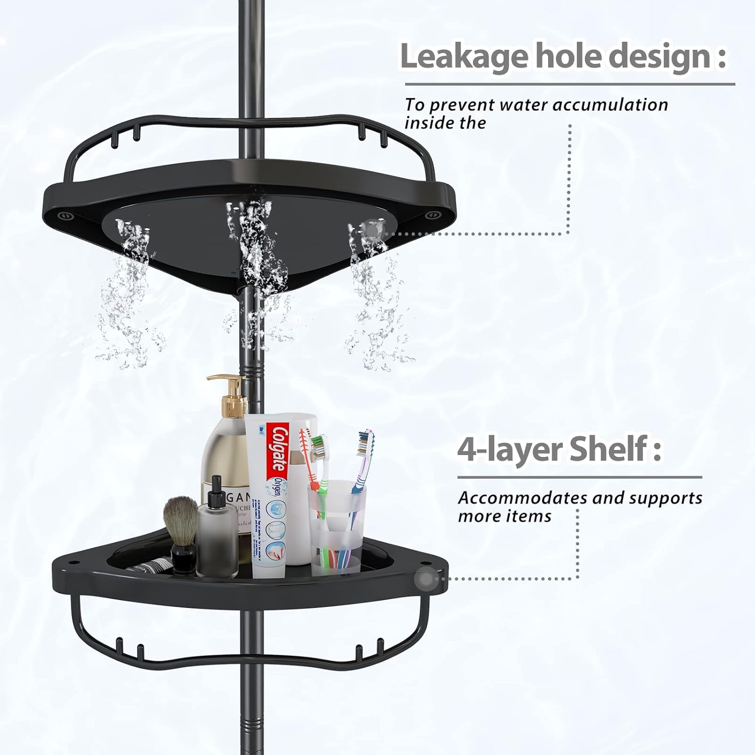 Shower Caddy,Shower Caddy Tension Pole with 4 ABS Baskets,Shower Storage Shelf with 56 to 125 Inch Adjustable Stainless Pole for Bathroom Black