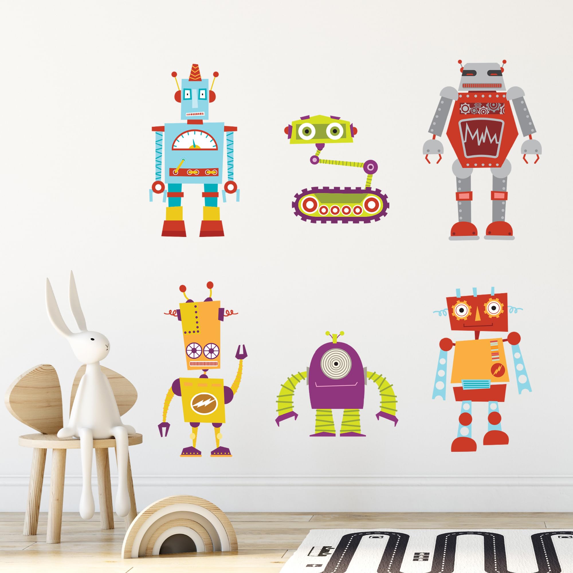 Robot Wall Sticker - Set of Six Robots Decal Wall Art (120cm Width x 60cm Height)