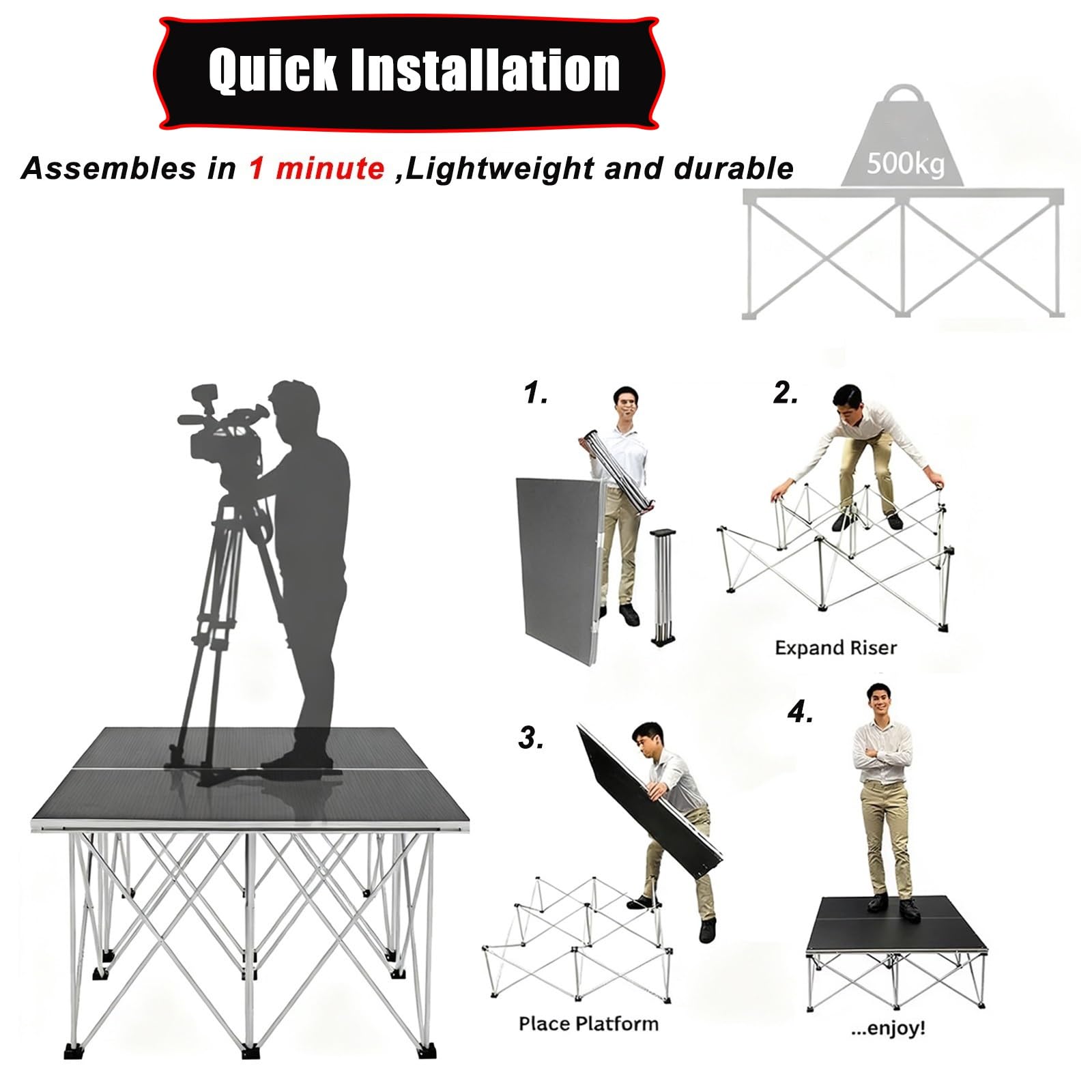 Plataforma de escenario portátil, elevador de rendimiento plegable para conciertos y eventos, sistema modular, altura 80 cm, 1 x 1 m