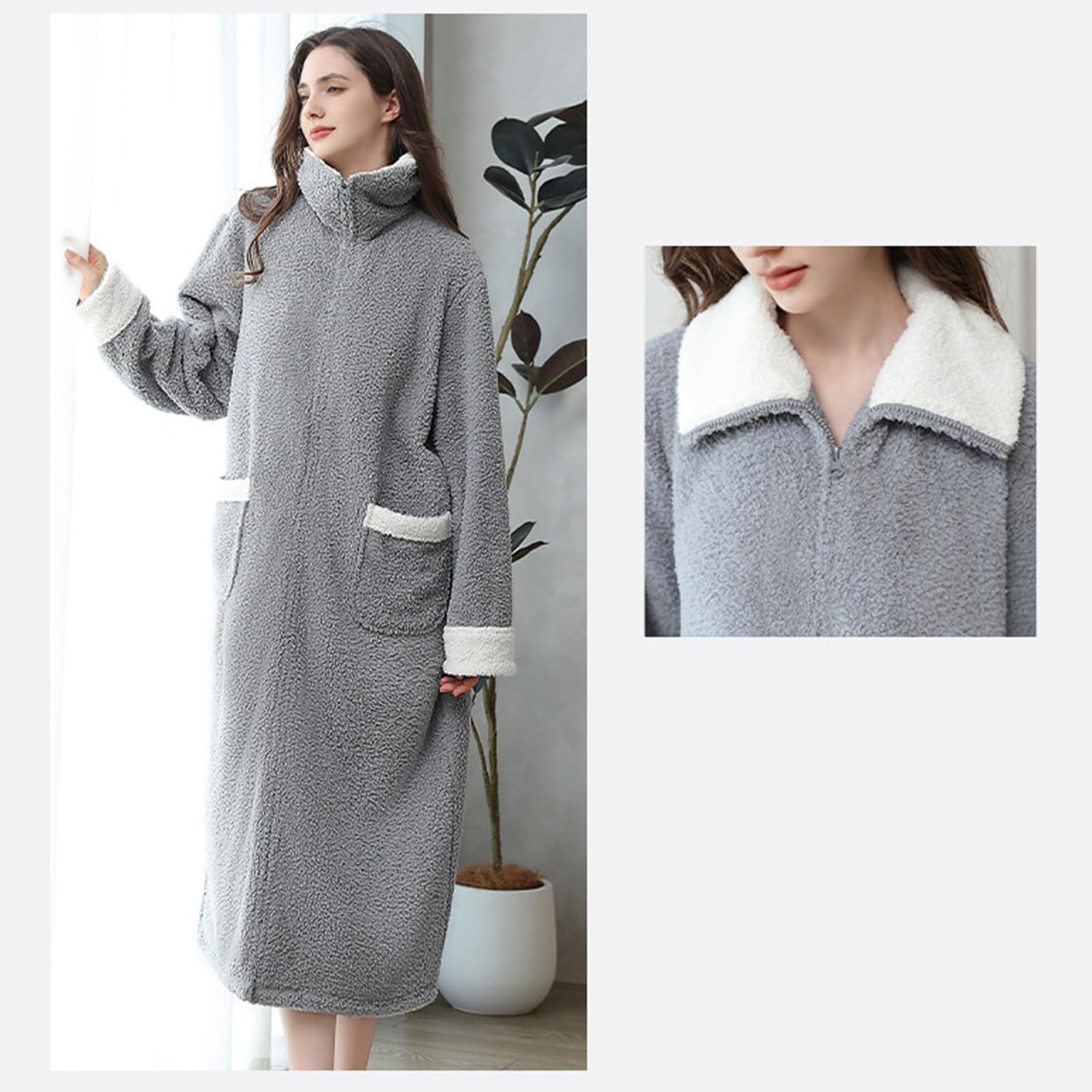 Batas de felpa con cuello delantero con, Gray M