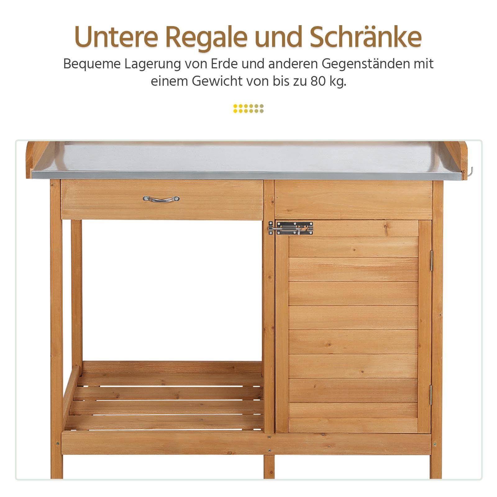Yaheetech Pflanztisch mit Schubladen & Unterschrank, Blumentisch, Outdoor Gärtnertisch Holzpflanztisch mit verzinkt Arbeitsplatte, Gartenarbeitstisch Wetterfest, 112 x 46,5 x 125 cm, Holzfarbe