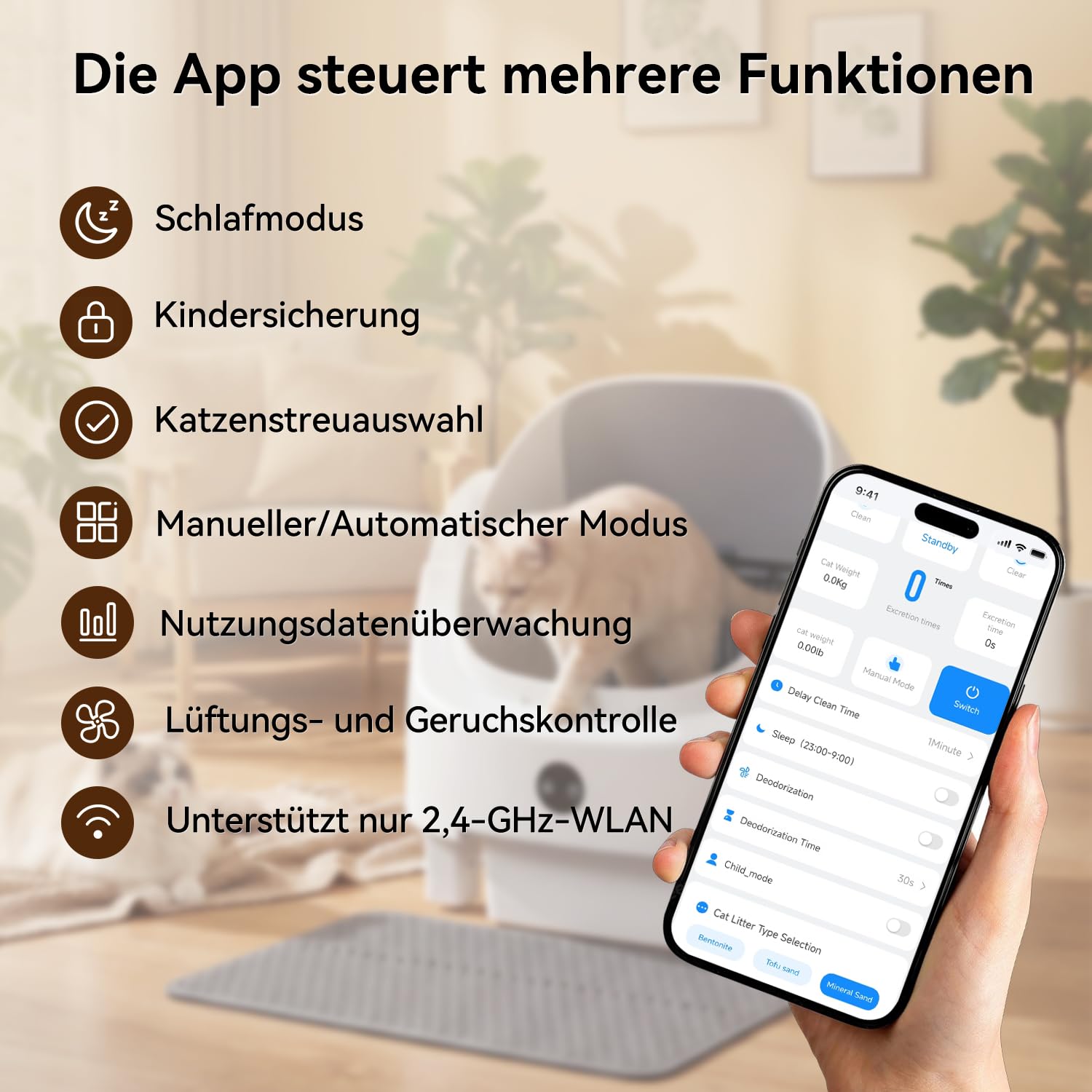 Selbstreinigende Katzentoilette, Katzenklo Selbstreinigend mit Sicherheits Geruchskontrolle, Automatischer App-Steuerung für Katzen, Inklusive Katzenstreumatte,Müllbeutel und Duftbox, Weiß