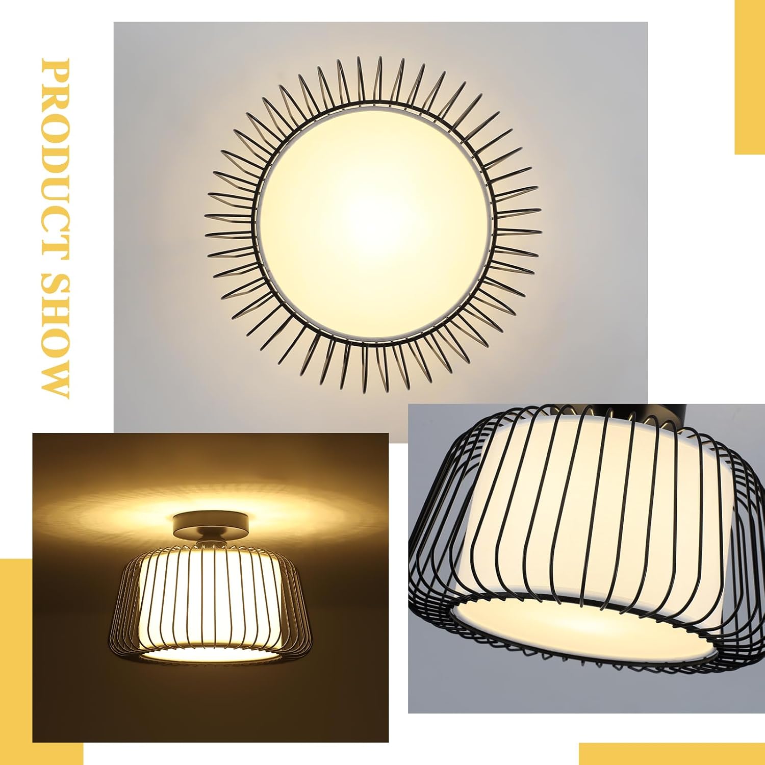 Semi Flush Mount Ceiling Light, 12.2" Drum Ceiling Light with White Fabric Shade and Black Metal Frame, Modern Entryway Flush Light Fixtures for Bedroom, Kitchen, Hallway (Black)