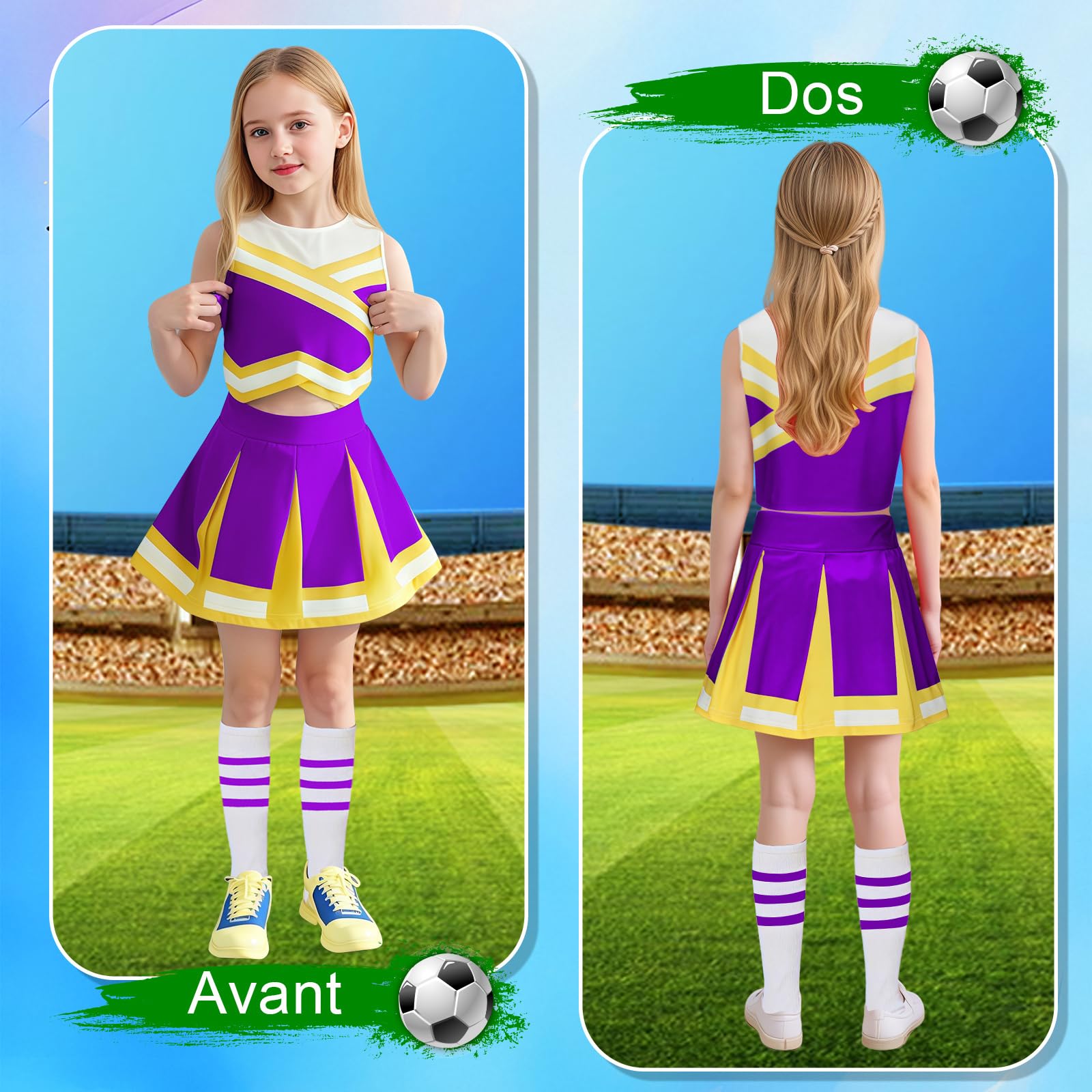 Luckyou Costume Cheerleader per Bambina Vestito Cheerleader Bambina con parrucca brillante, pompon e fiocco per Carnevale Halloween Fancy Dress Up - 3