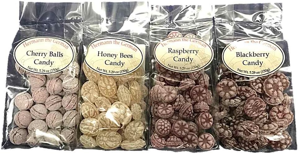 Hermann The German Gourmet Candy 4 Flavor Pack Raspberry, Cherry Balls, Blackberry, and Honey Bees