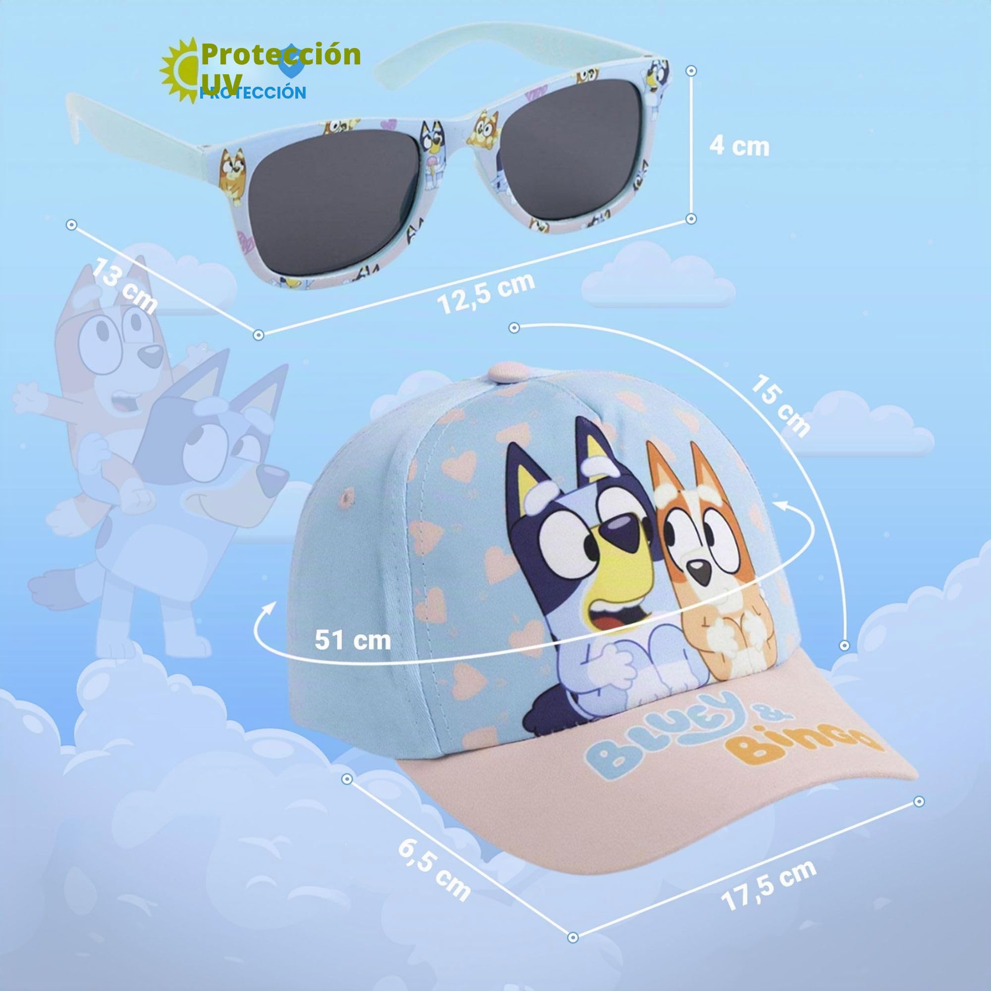 Gorra y Gafas de Sol Bluey Set Infantil Original para Niñ@s Unisex - Gorra y Gafas Bluey Accesorios Verano Gafas Protección UV y Gorra Ajustable