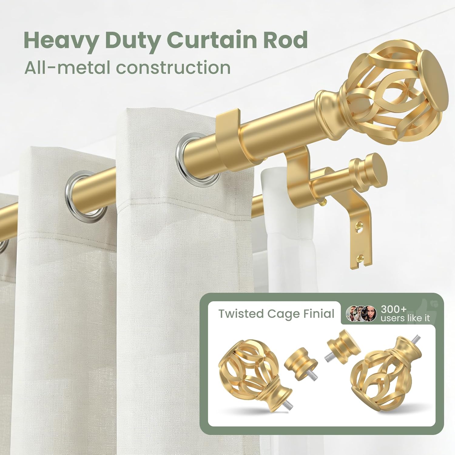 1 Inch Double Curtain Rod:Gold Adjustable Heavy Duty Curtain Rods for Windows 36-88" Decorative Vintage Double Drapery Rod with Twisted Cage Finials for Bedroom/Living Room/Kitchen(All-Metal)