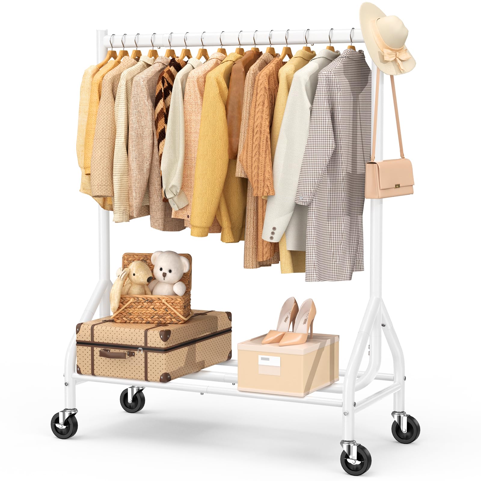 EAGMAK Heavy Duty Clothes Rail Load 180 KG, Rolling Garment Rail with Lockable Wheels, Standing Metal Clothing Rack, Portable Wardrobe Rack Sturdy Coat Hanging Rail for Hanging Clothes (White)
