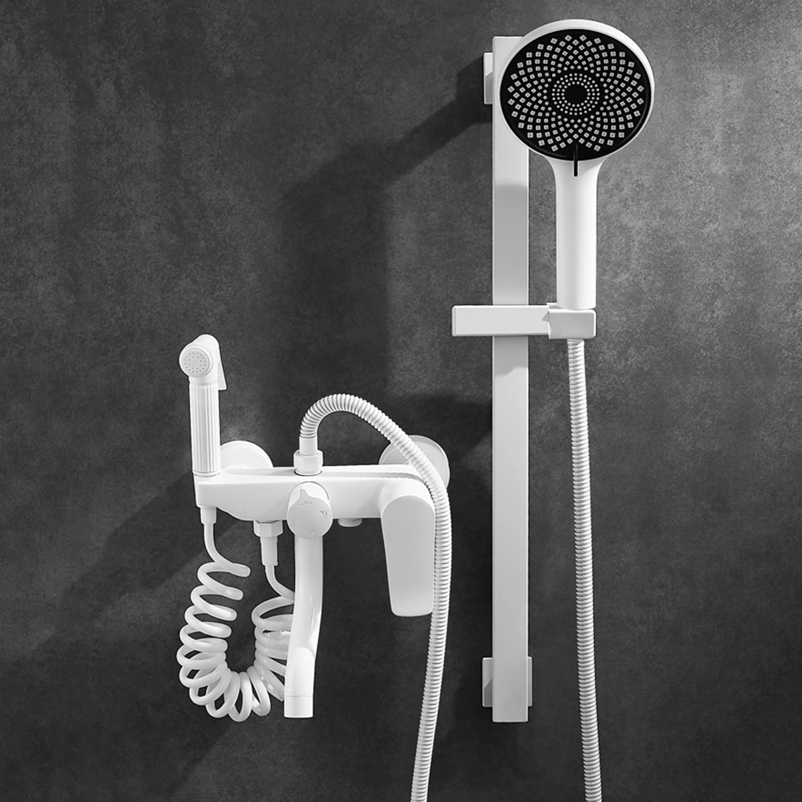 Robinet de salle de bain blanc avec pommeau multifonction et jet eau chaude froide