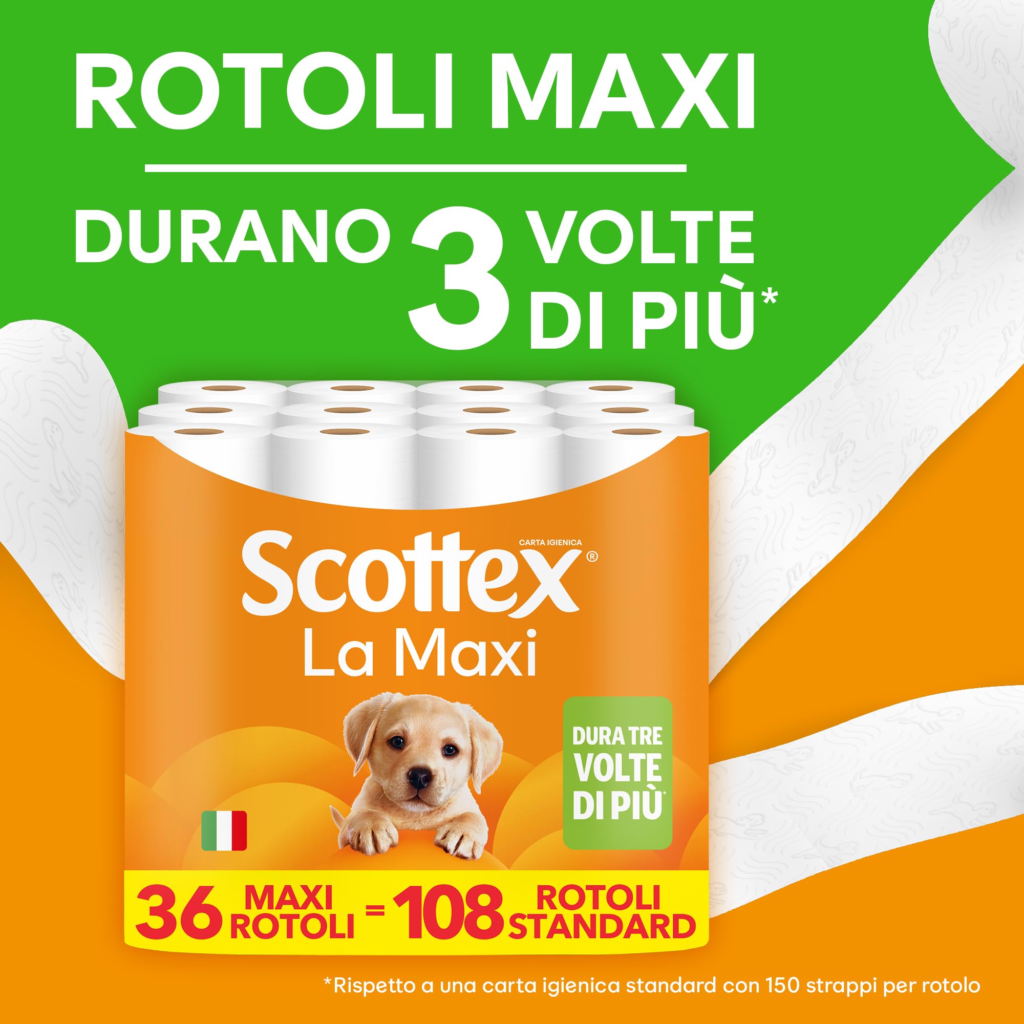 Scottex Carta Igienica La Maxi, Rotoli di Carta Igienica a Durata Tripla, Extra Morbidi e Assorbenti, con Trama 3D, 36 Maxi Rotoli da 500 Strappi (18,000 Strappi)