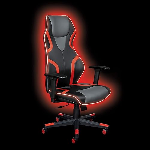 Miniatura 4 de OSP Home Furnishings Rogue - Silla de juegos LED con respaldo alto, piel sintética negra con ribete rojo y detalles