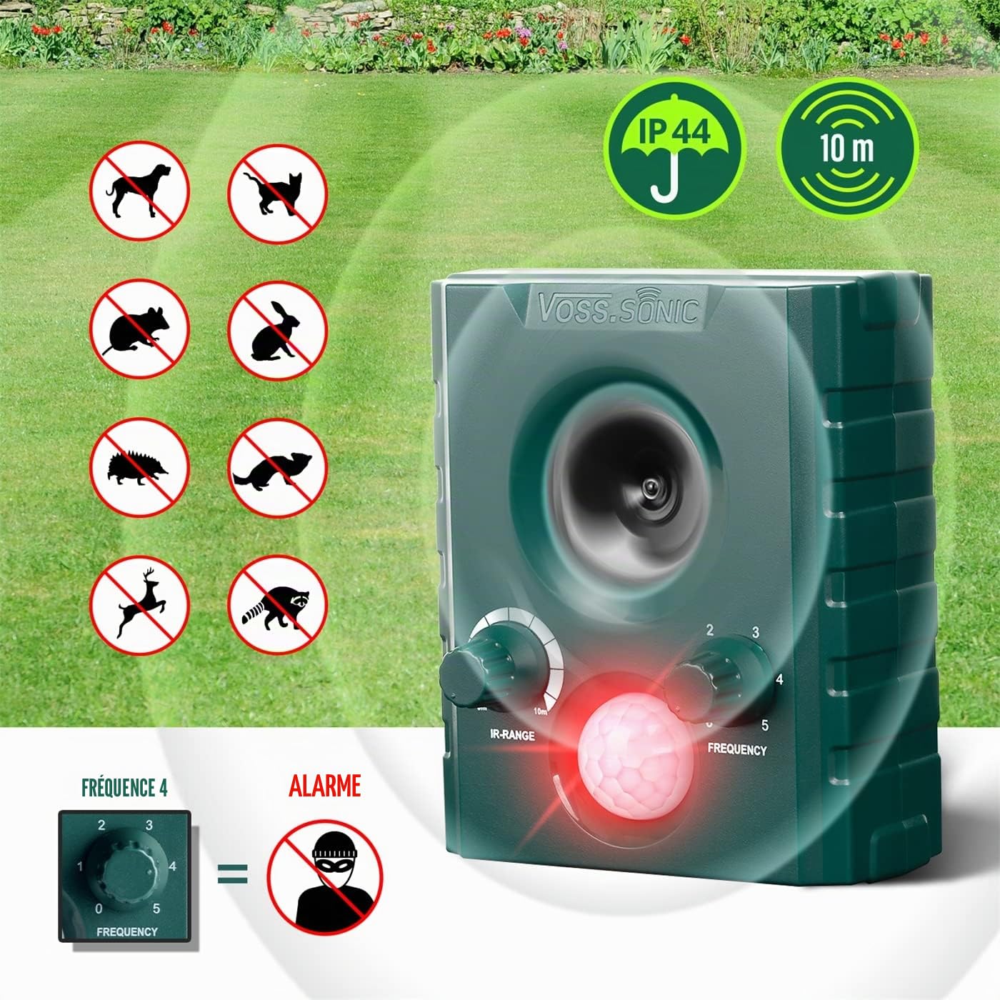 Voss.Sonic 1000 : 1x dispositifs répulsifs à ultrasons, répulsif Contre Animal à ultrasons répulsif Contre Chien et Chats avec Alarme