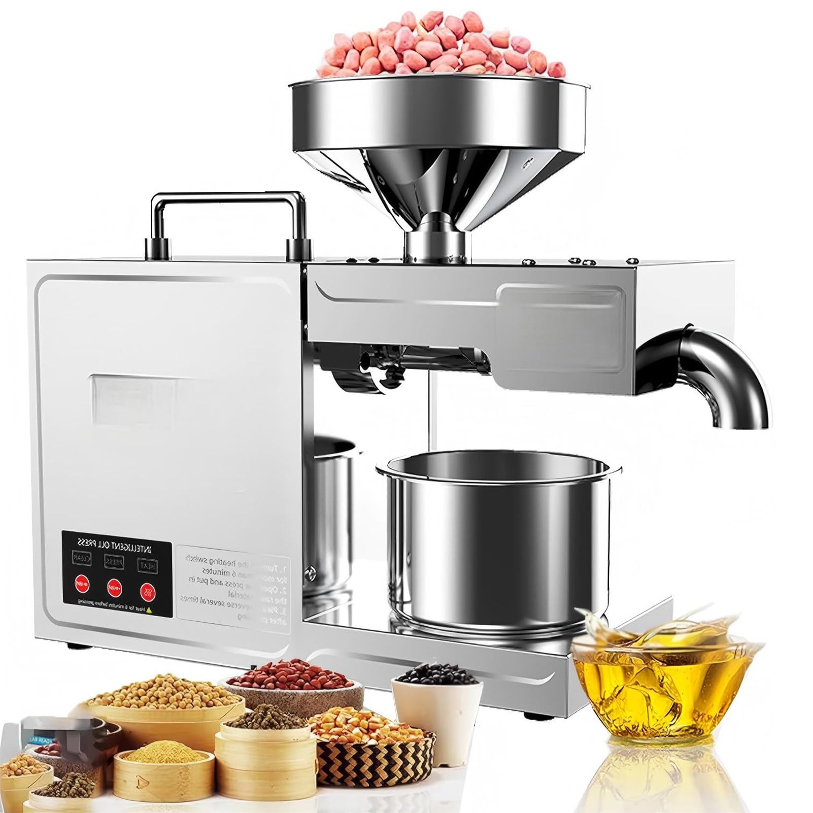 PweKzxt Oil Press Machine,Automatic Small Oil Press, 304 Stainless Steel Hot/Cold Oil Extraction Machine, Electric Automatic Oil Press,for Various Seeds and Nuts