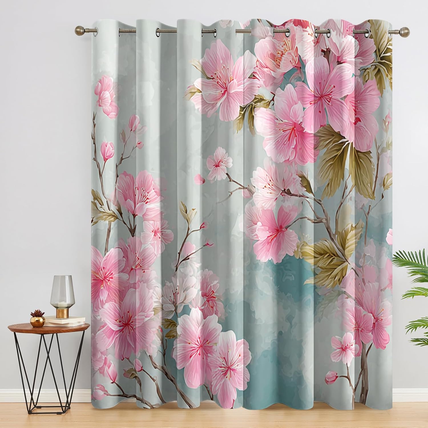 Cherry Blossom Blackout Curtains for Bedroom, 84 Inch 2 Panels, Pink Floral Printed Pattern, 95% Black Out Window Drapes for Living Room, Cherry Blossom Home Decor, Grommet Top SZ337