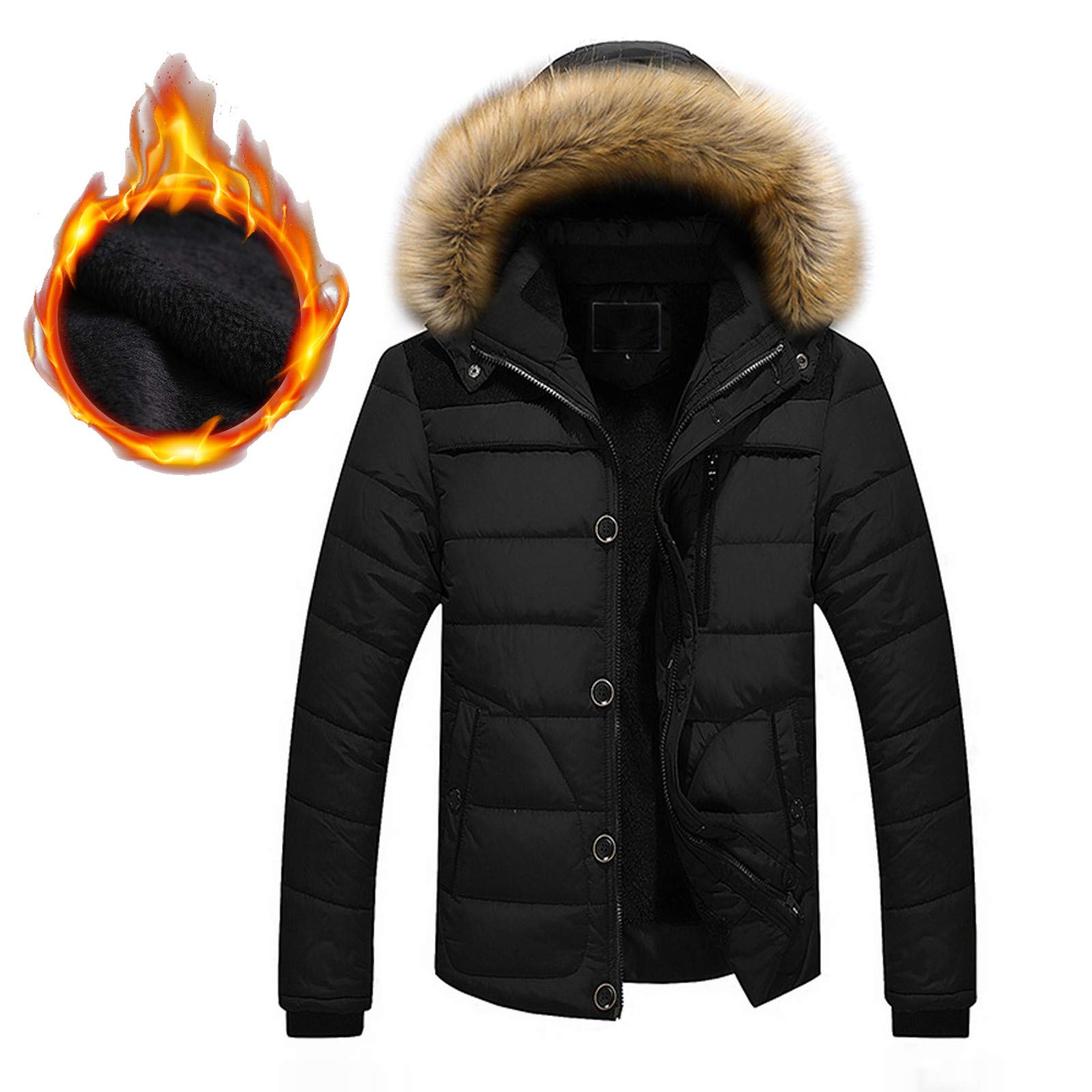 Manteau En Coton Pour Hommes De Longueur Moyenne Hiver Manteau Chaud Épaissi Veste Avec Capuche Col En Fourrure Polaire Uni Zip Coupe-Vent Avec Poche Manteau À Manches Longues Jeunesse Parkas