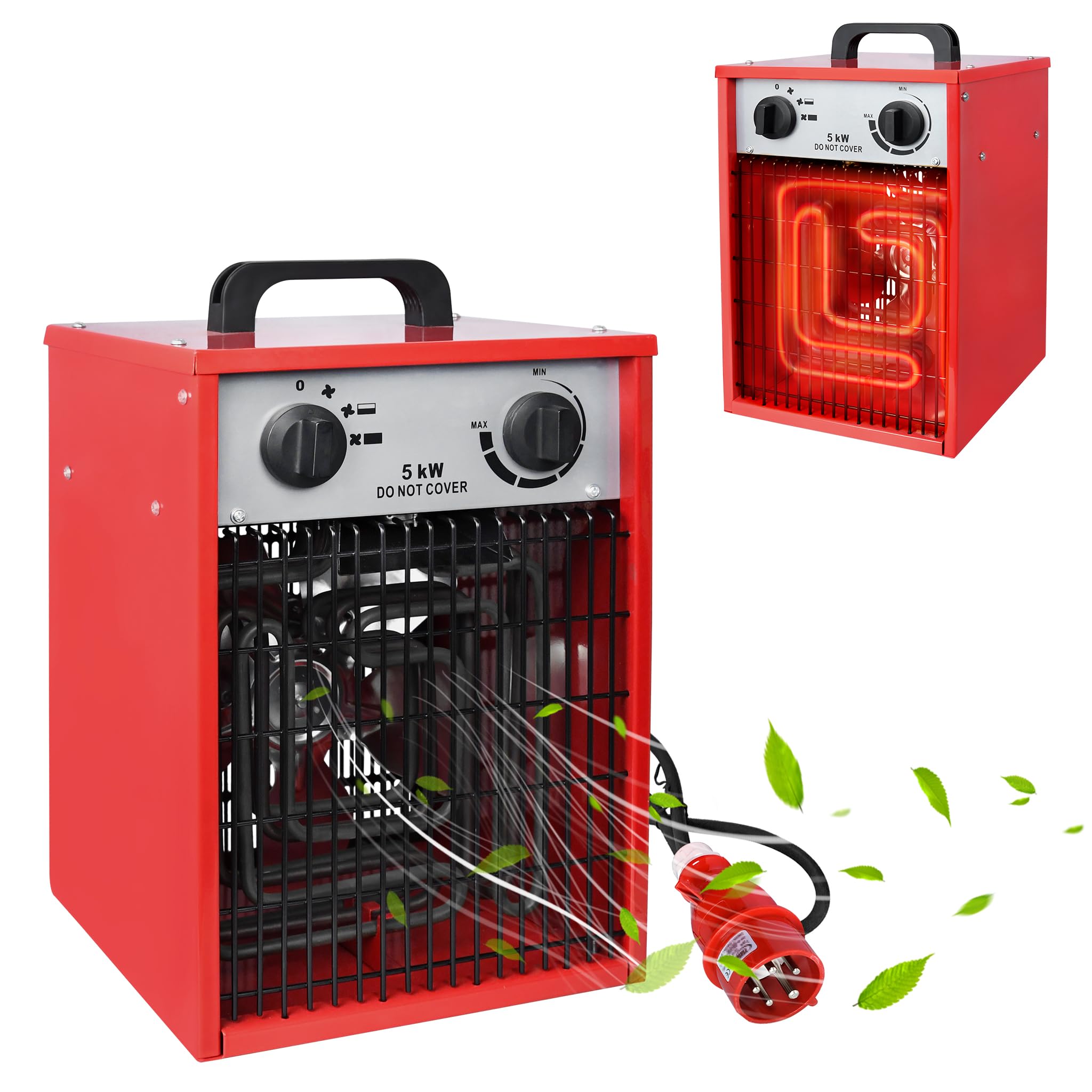Elektryczny grzejnik 5 kW, termowentylator z 4 regulowanymi poziomami ogrzewania, ochrona przed przeciążeniem, grzejnik elektryczny, przenośny grzejnik elektryczny, wentylator z uchwytem