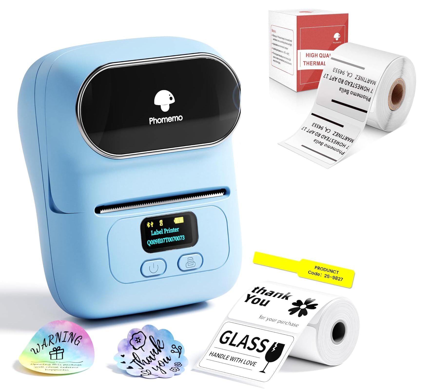 Phomemo M110 Etiquetadora con 2 Rollos de Etiquetas, Impresora de Etiquetas Adhesivas Bluetooth térmica portátil, para Uso en oficinas, códigos de Barras, pequeñas Empresas, Tiendas