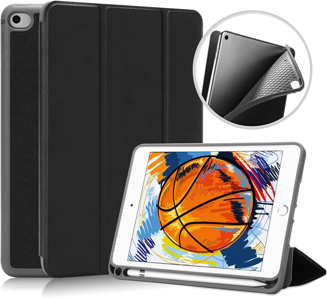 TRELCCase for iPad Mini 5 Gen with Pencil Holder, Slim Lightweight Trifold Stand Protective Case with Auto Sleep/Wake Function for iPad Mini 5 7.9" 2019 Release （Black）