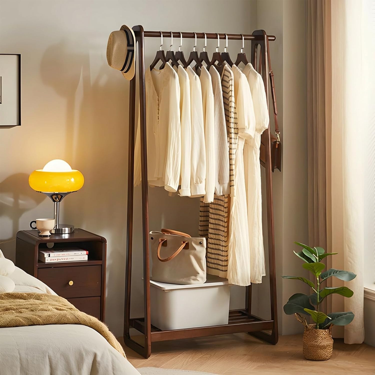 Solid Wood Clothing Rack with Shelf, Freestanding Garment Rack with Hooks, Rubberwood Clothes Organizer for Bedroom Entryway, Minimalist Wooden Clothes Stand (Walnut, 31.5" W)