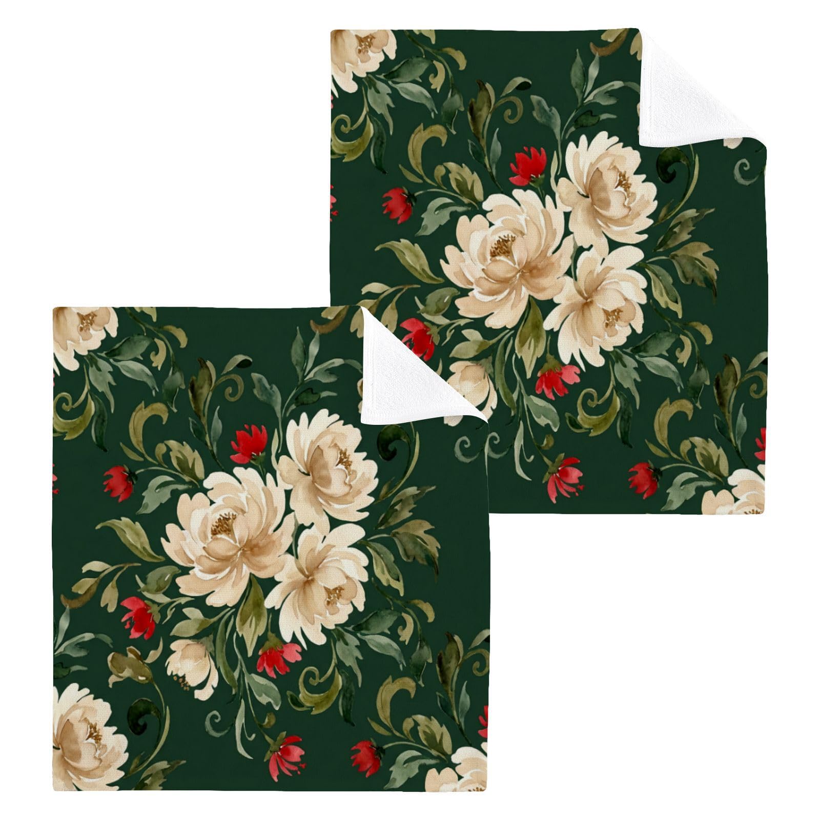 BOESI Cream Peony Botanical 12x12in Cotton Washcloth,Face Towel
