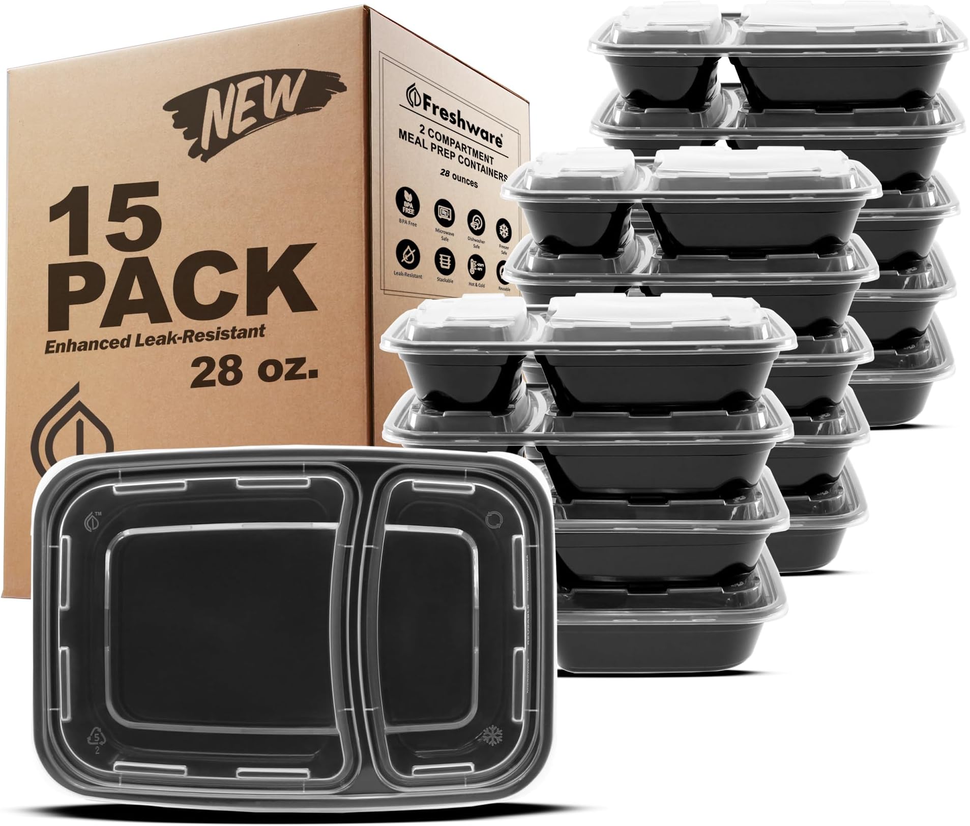 Freshware Meal Prep Containers [15 Pack] 2 Compartment with Lids, Food Storage Containers, Bento Box, BPA Free, Stackable, Microwave/Dishwasher/Freezer Safe (28 oz), Black