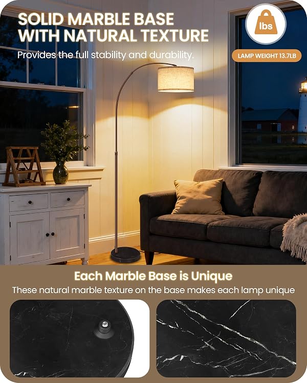 75" Arc Floor Lamp with Marble Base and Adjustable Height, Rotating Hanging Shade, Dimmable Floor Lamp for Living Room with Remote and Foot Switch, 3CCT, Over Couch Arched Light, Beige Brown VE15LD05 by GOEBLESON - Used condition - Image 2