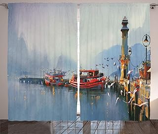 Country Curtains, View of a Misty Morning at The Harbor with Boats and Birds in Old Fishing Town Art, Living Room Bedroom Window Drapes 2 Panel Set, 108" X 90", Multicolor