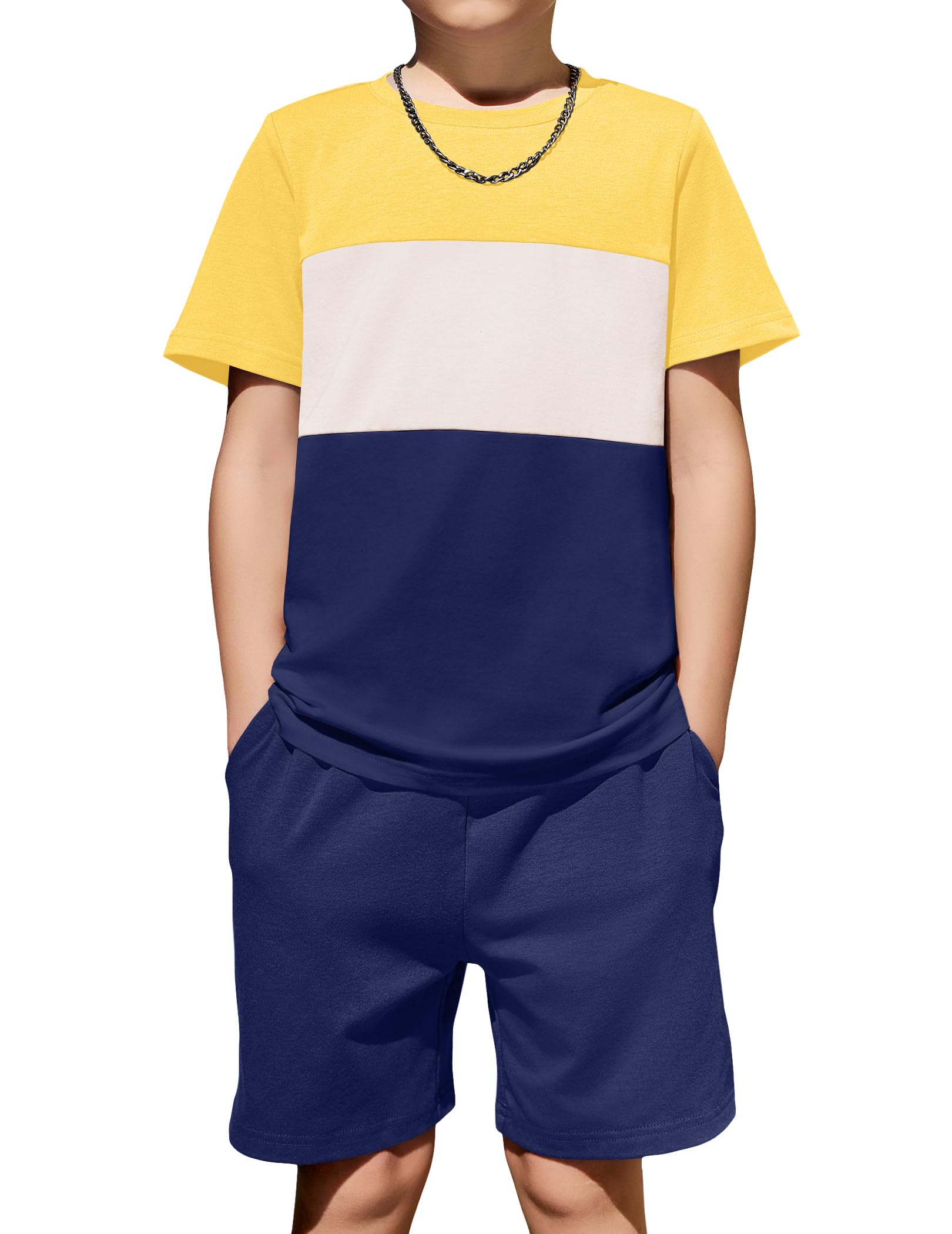 Arshiner Boys' 2-Piece Cotton Outfit Color Block T-Shirt and Shorts Set Casual Summer Clothes for Kids 6-14 Years