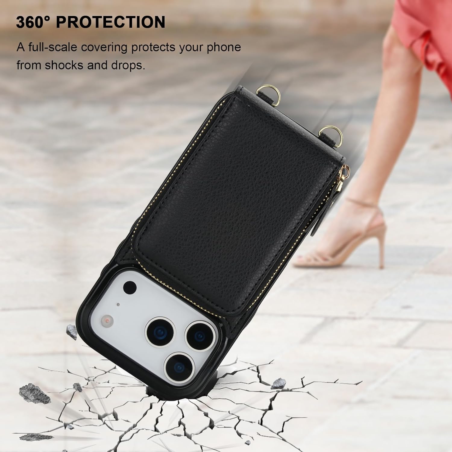 KIHUWEY Crossbody Wallet Case for iPhone 17 Pro, Zipper Pocket Case with Card Holder, PU Leather RFID Blocking Protective Cover Case with Kickstand Detachable Wrist Strap Lanyard 6.3" (Black)